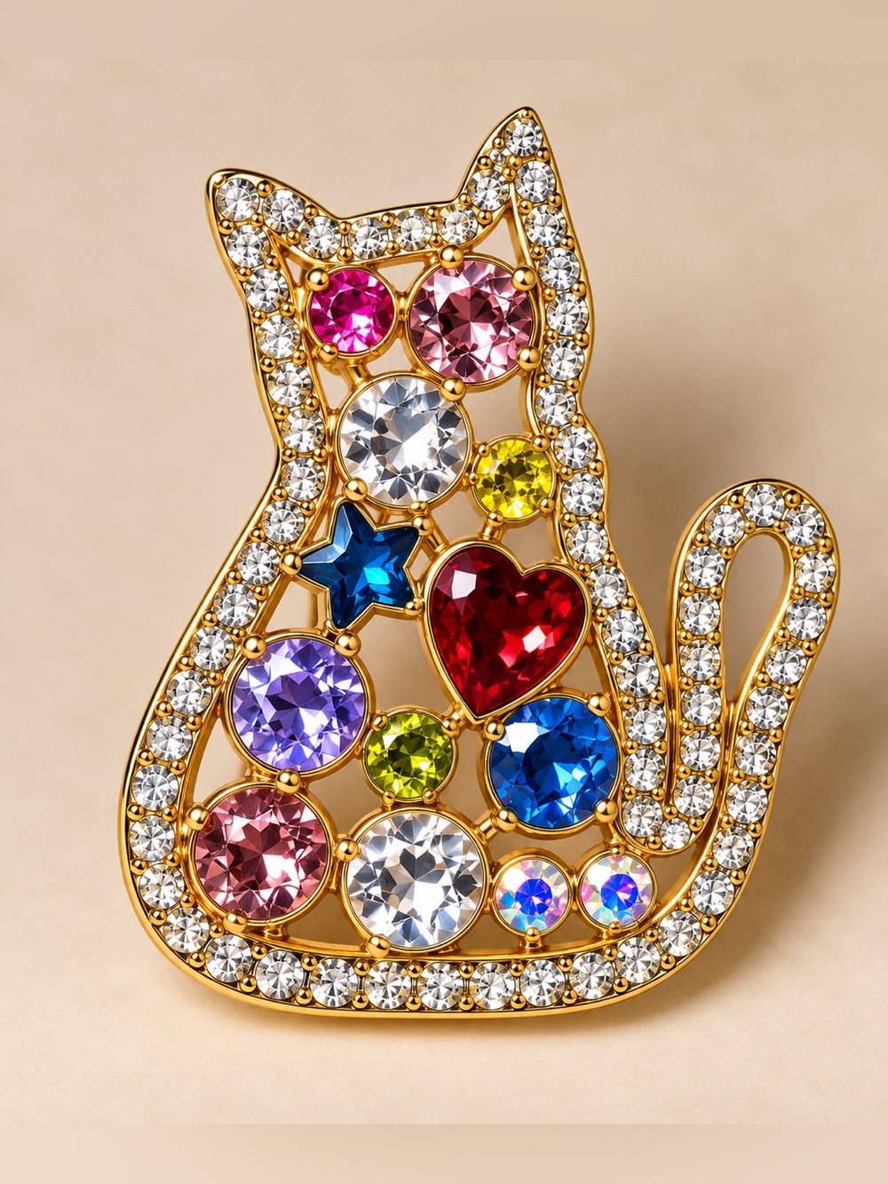 Gold-Tone Multicolor Crystal Cat Pin Brooch - Unbranded